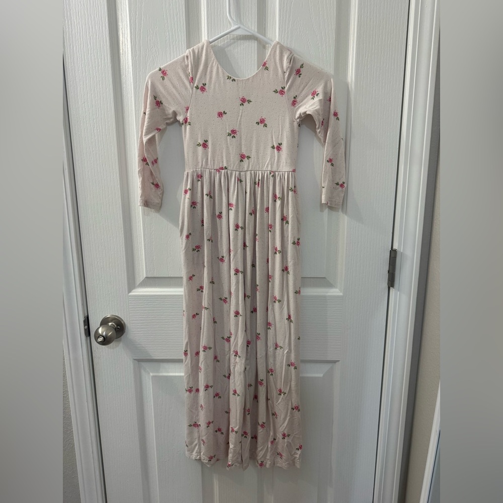 SweetHoney Size 7Y Cream Floral Long Sleeve Jumpsuit with Pink Rose Print